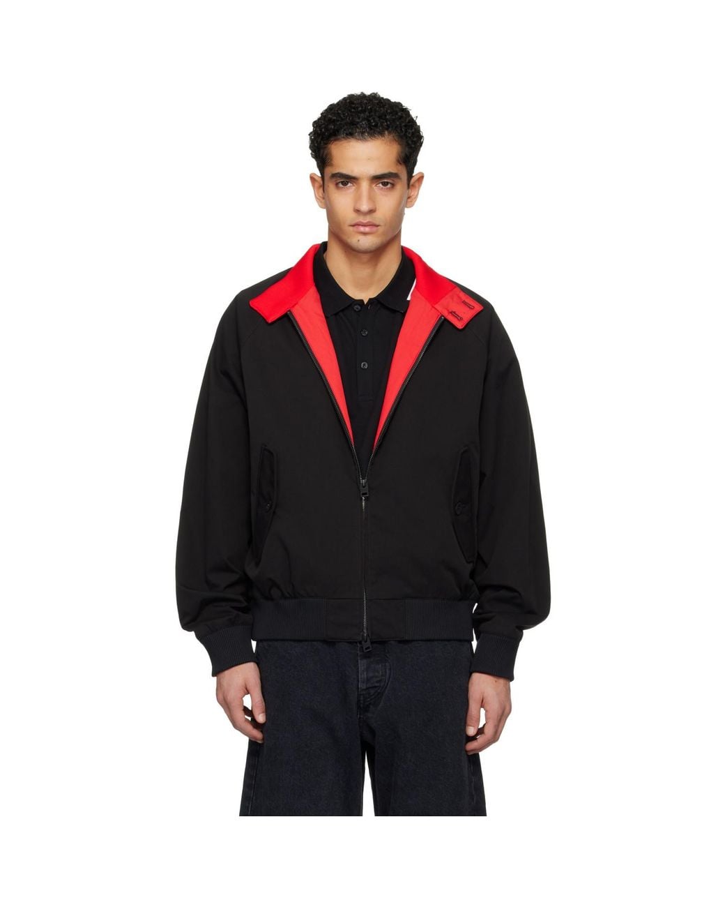 HUGO Black Twill Buttoned Stand Collar Bomber Jacket for men