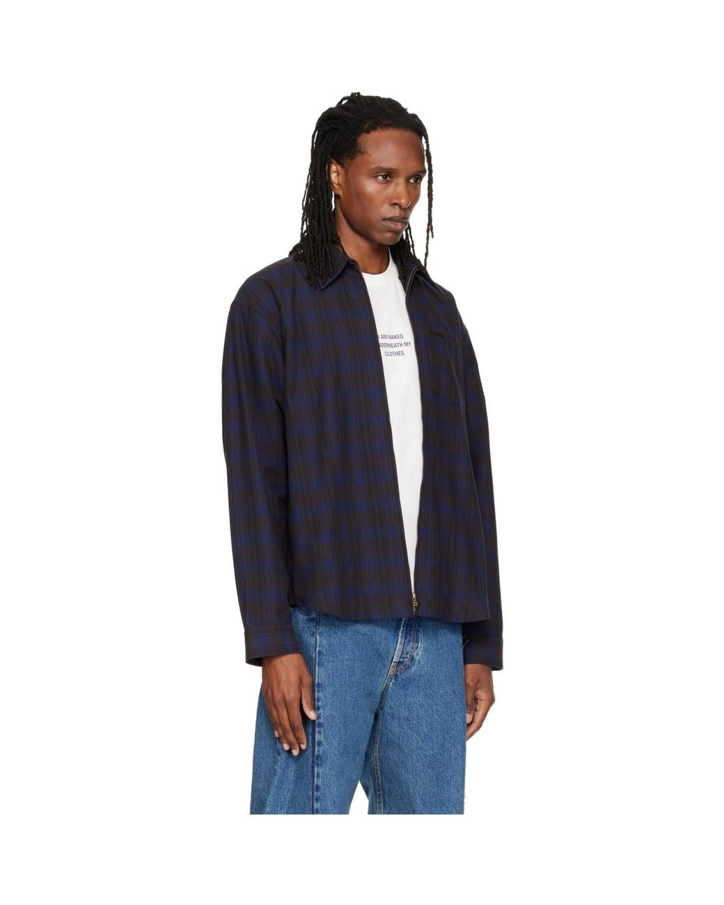 Vetements Blue Zip Up Flannel Shirt for men
