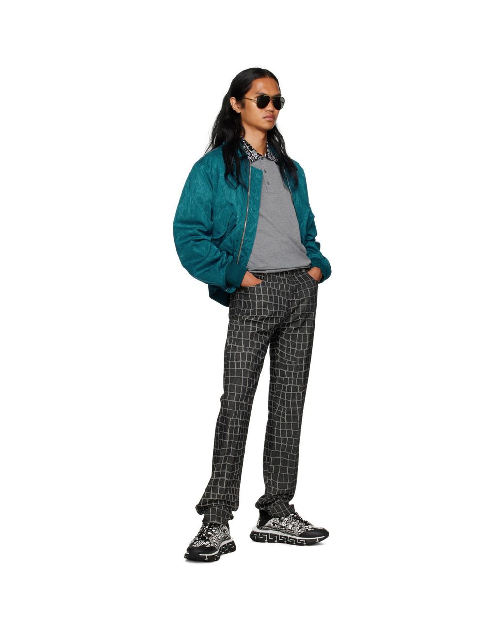 Versace Black Gray Jacquard Jeans for men
