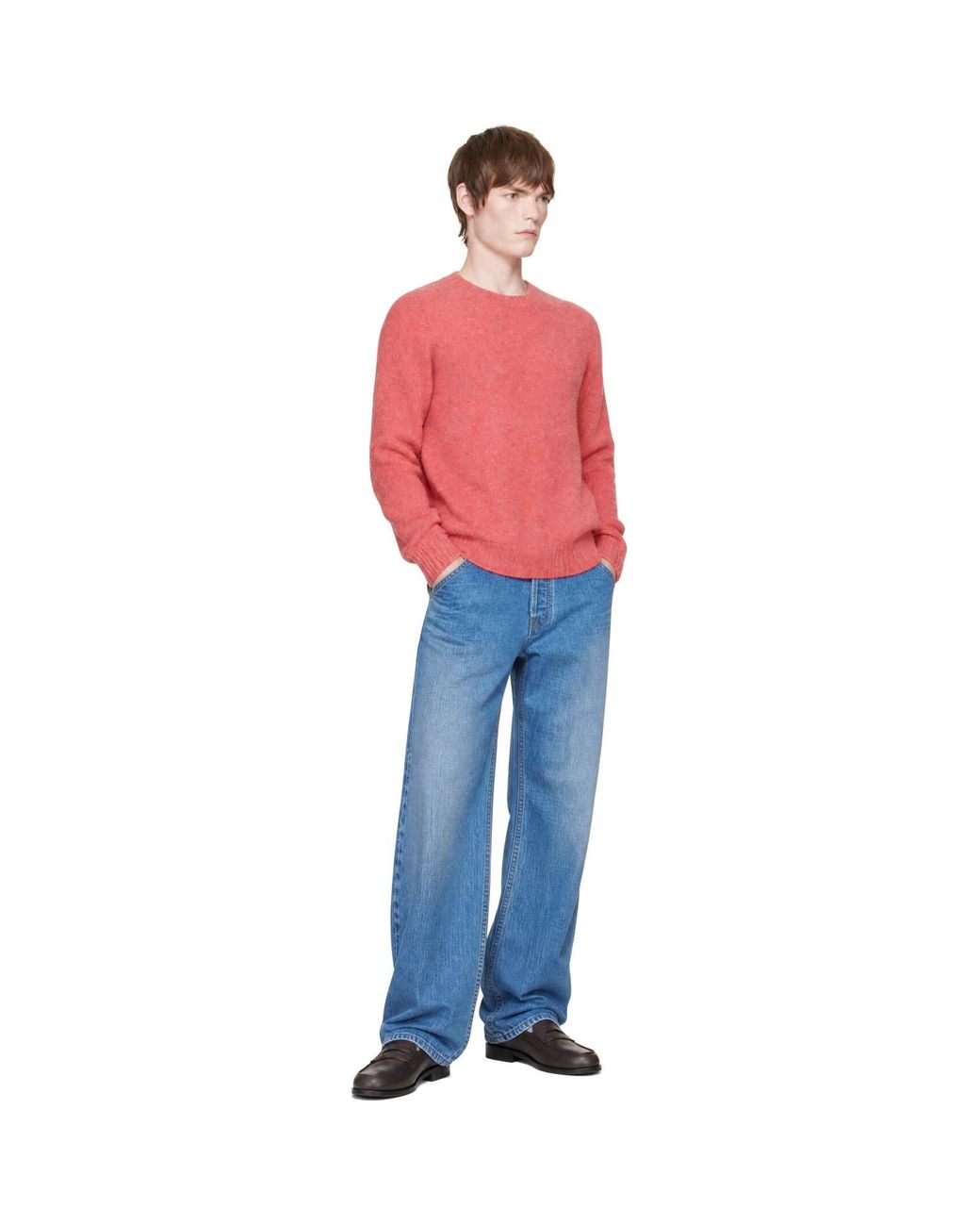 Drake's Red Brushed Shetland Crewneck Sweater for men