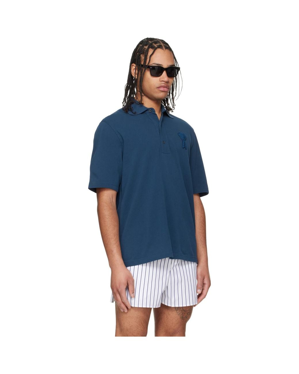 AMI Blue Cotton Ami De Coeur Knitted Patch Polo for men
