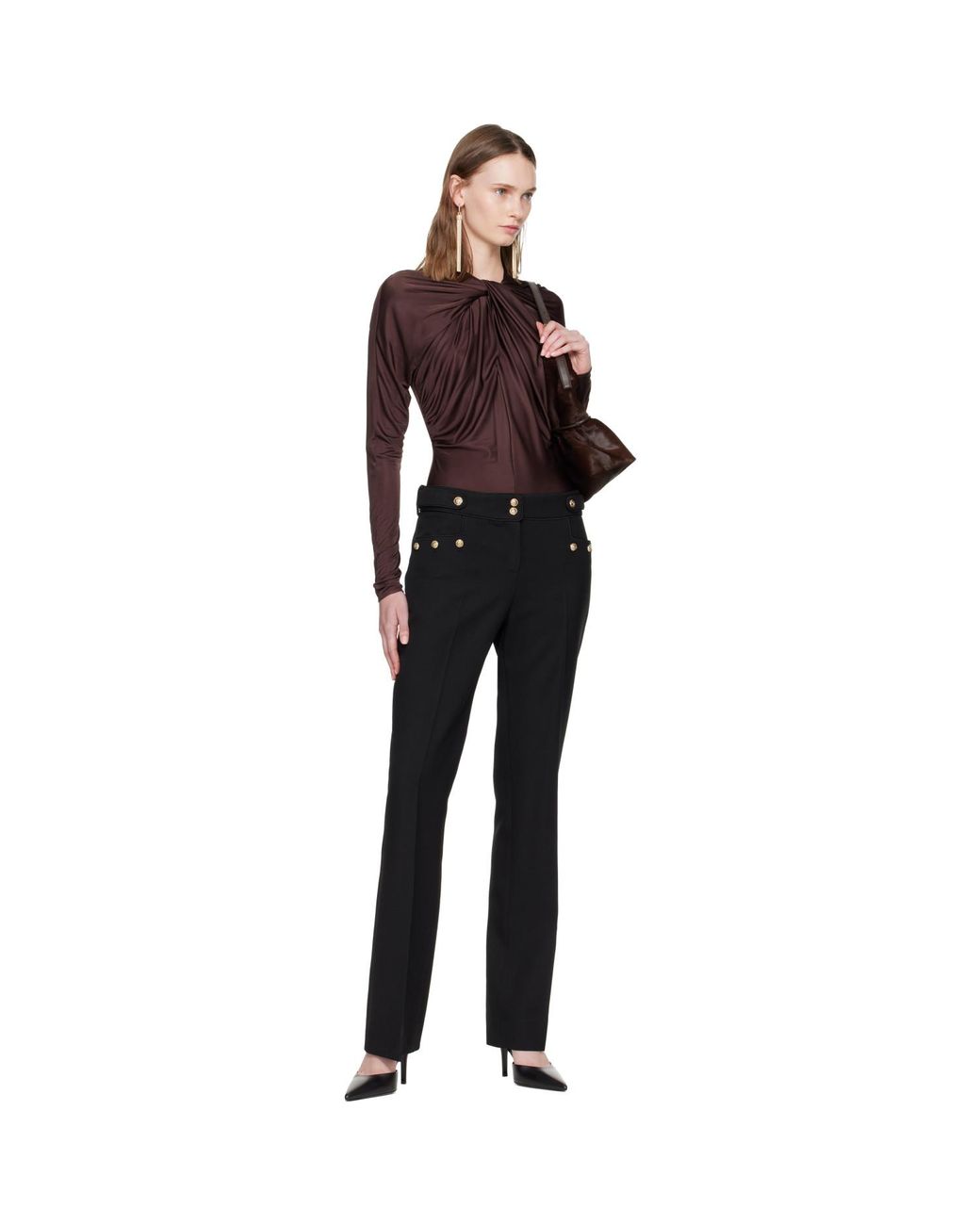 Balmain Red Burgundy Ls Twist Detail Bodysuit