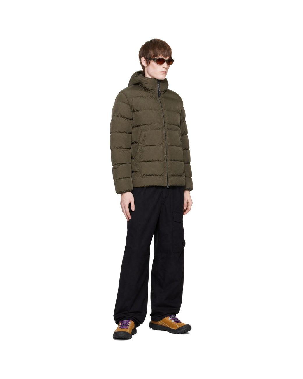 C P Company Brown Khaki Chrome-R Goggle Down Jacket for men