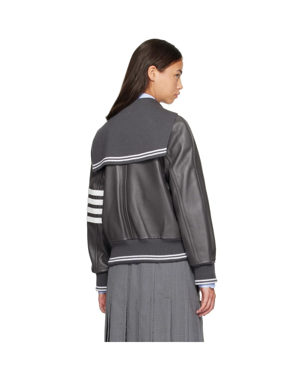 Thom Browne Gray Leather 4-Bar Oversized Blouson Jacket