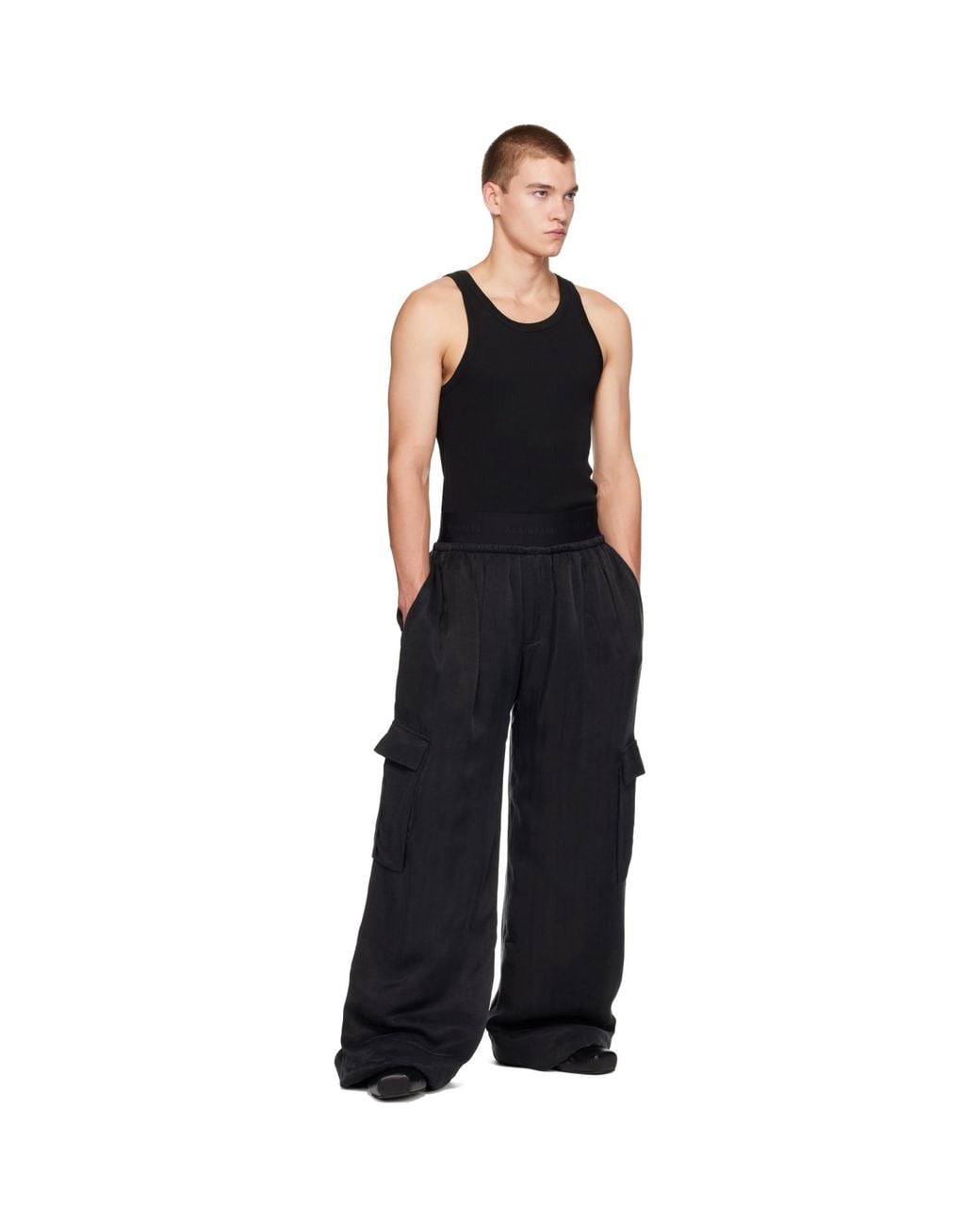 ALAINPAUL Black Silk Padded Cargo Pants for men