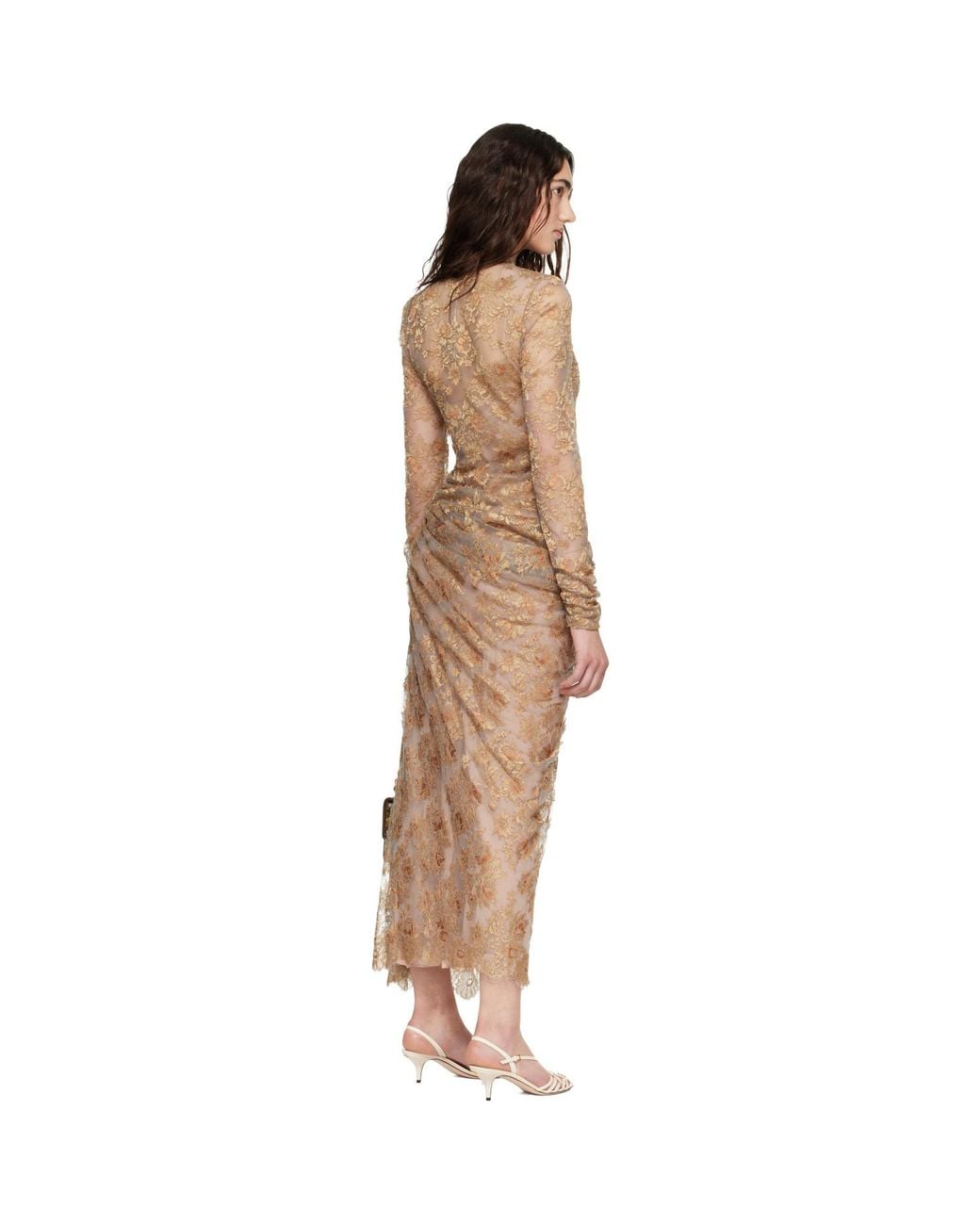 Valentino Brown Feather Lace Maxi Dress