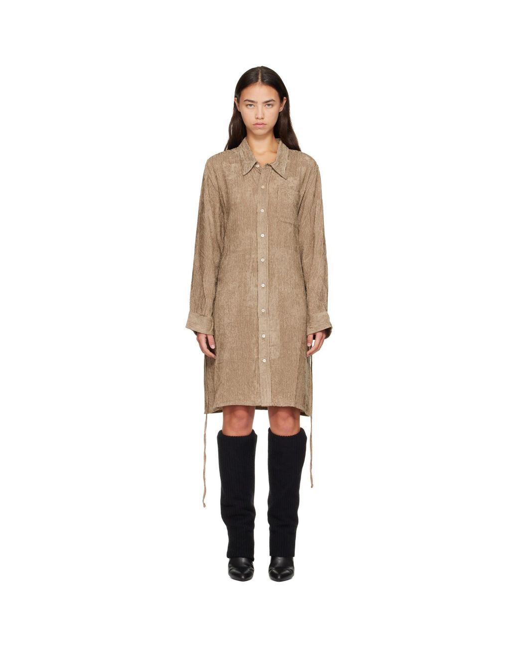 R13 Natural Khaki Drop Neck Shirt Midi Dress