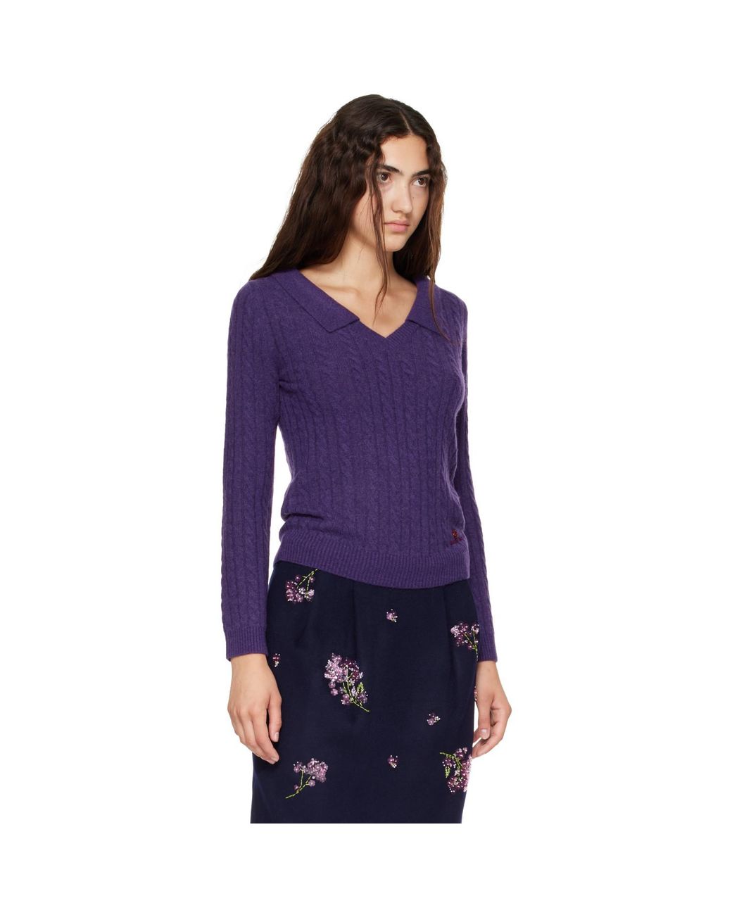 ShuShu/Tong Purple V-neck Cable Knit Sweater