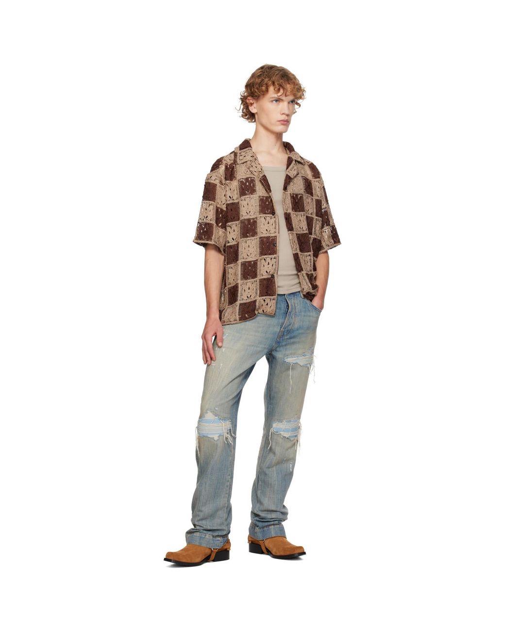 Amiri Brown Ma Quad Checker Oversized Camp Shirt for men