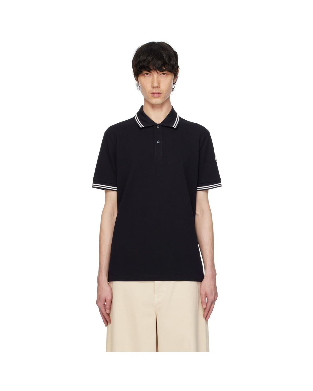 Moncler Black Striped Trim Cotton Piquet Polo for men