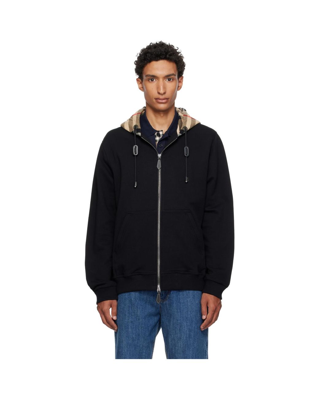 Burberry Black Check Hood Cotton Zip Hoodie for men