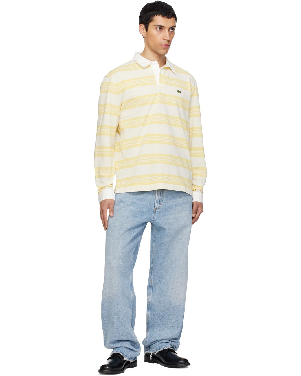 メンズ Lacoste ホワイト＆イエロー リラックスフィット ボーダー ピケ ラガーシャツ Multicolor