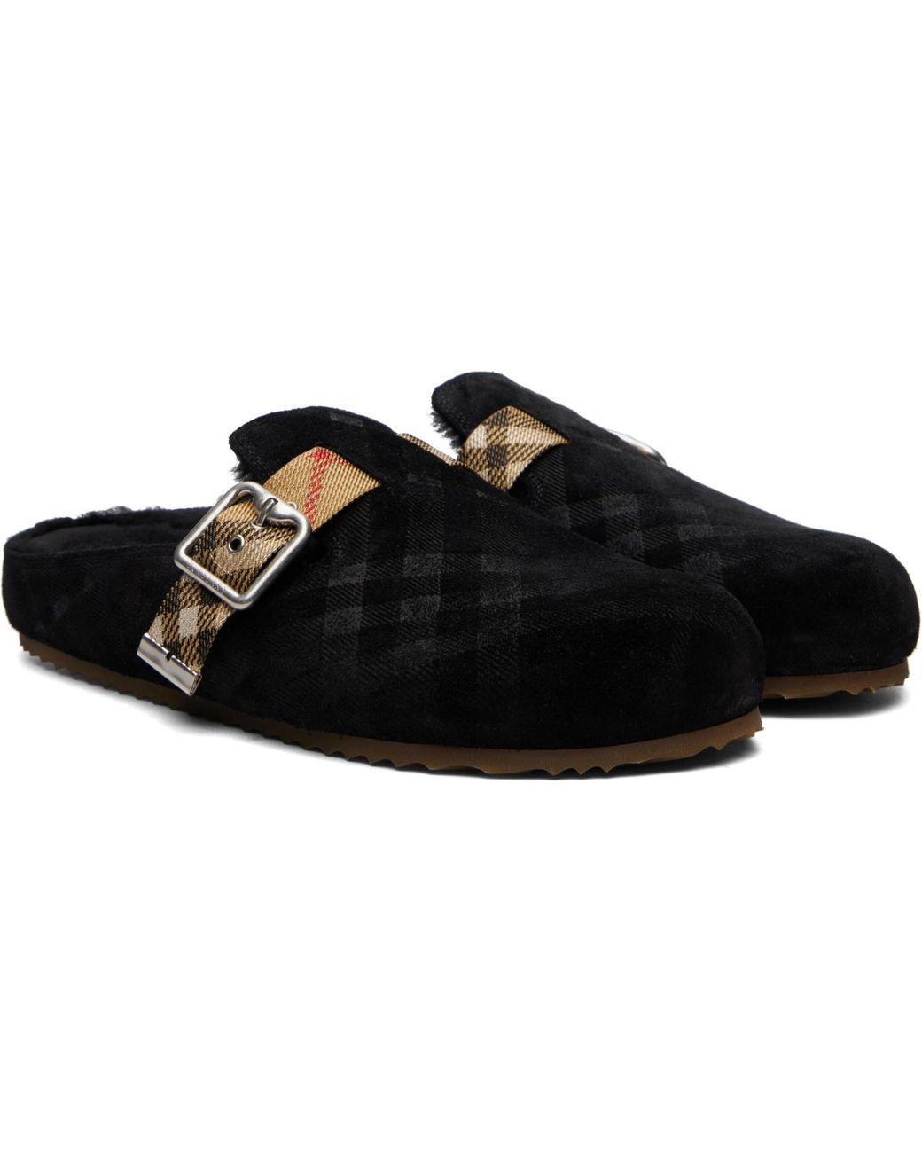 Burberry Black Check Shearling Urchin Clogs for men