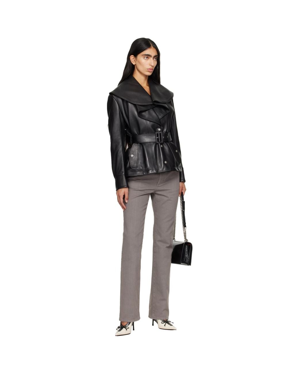 McQueen Black Draped Collar Leather Jacket