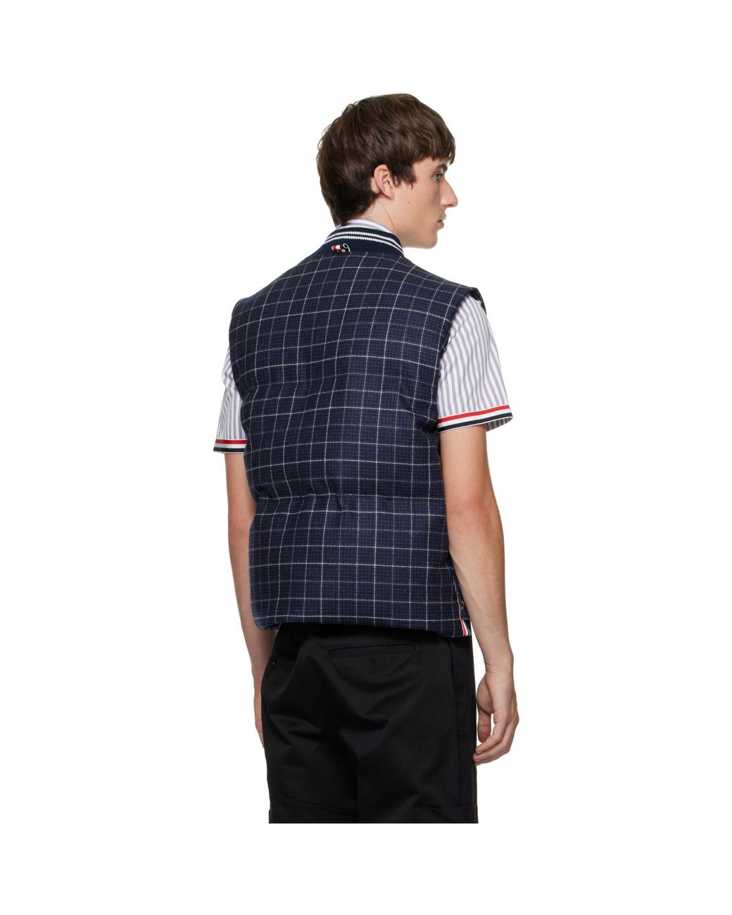 Thom Browne Blue Down Snap-Front Windowpane Tweed Vest for men