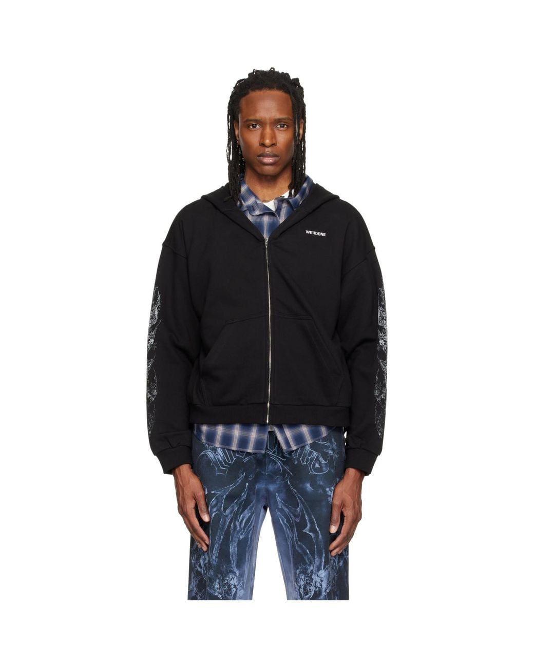we11done Black Lace Zip-Up Hoodie for men