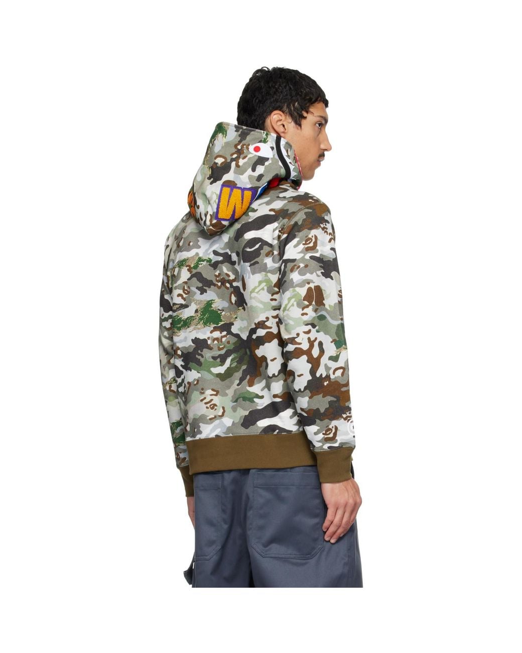 A Bathing Ape Gray Khaki Hybrid Camo Shark Pullover Hoodie for men