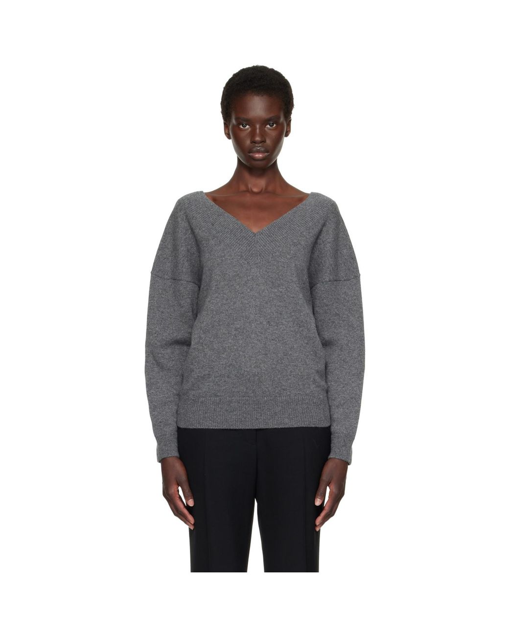 Tom Ford Gray Cashmere Off-The-Shoulder V-Neck Sweater