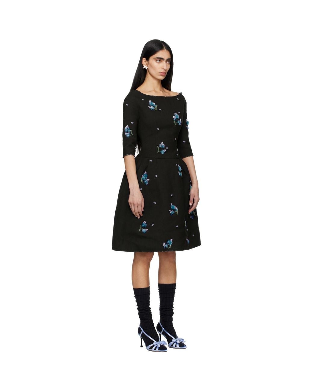ShuShu/Tong Black Corset Waist Off-Shoulder Midi Dress