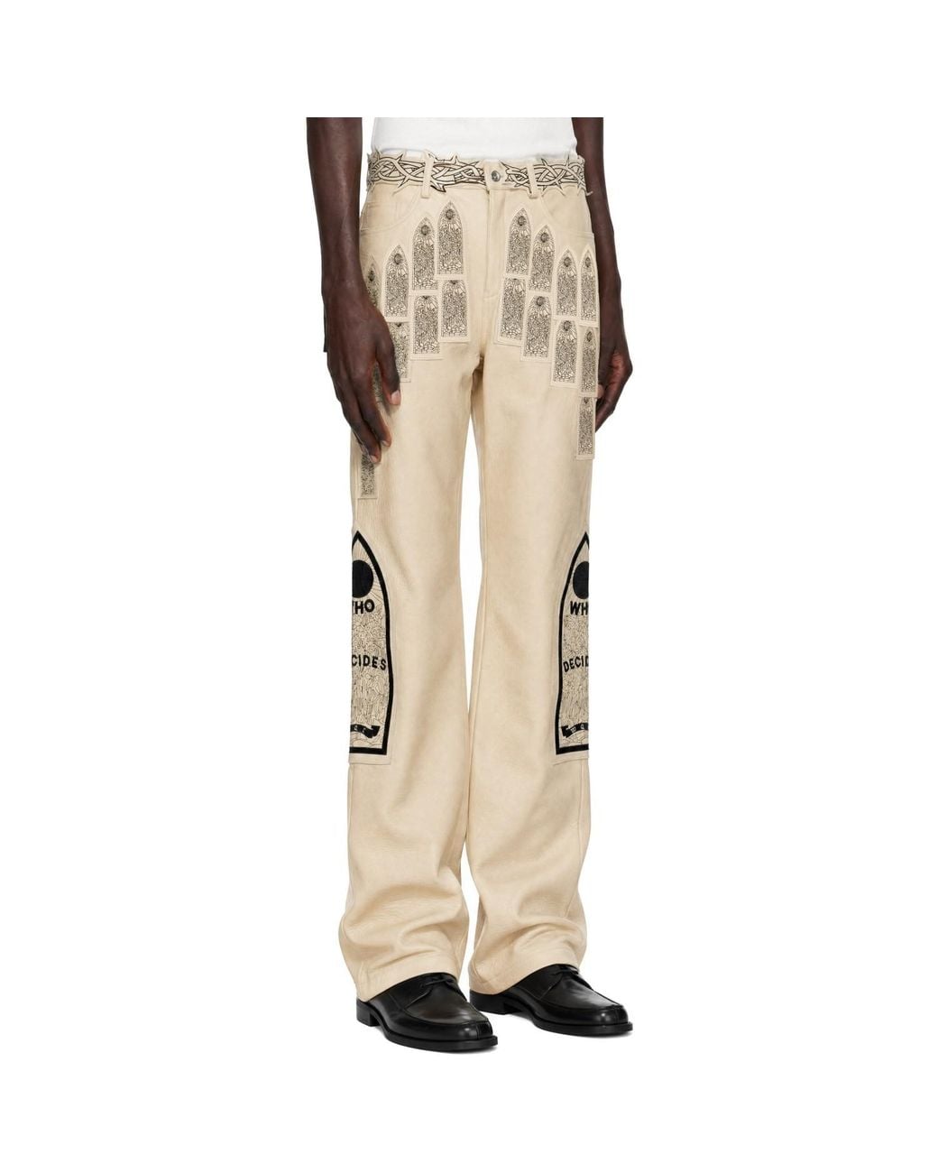 Who Decides War Natural Patched Arch Embroidered Leather Trousers for men