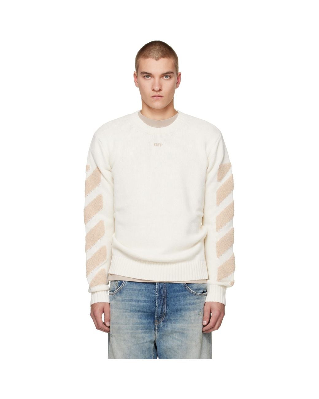 Off-White c/o Virgil Abloh White Diagonals Fuzzy Knit Crewneck Sweater for men