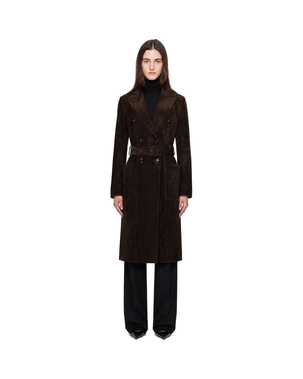 Tom Ford Black Double-Breasted Belted Suede Coat