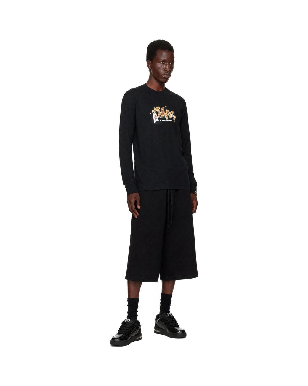 Aape By A Bathing Ape Black 'Aaper' Graphic Long Sleeve T-Shirt for men