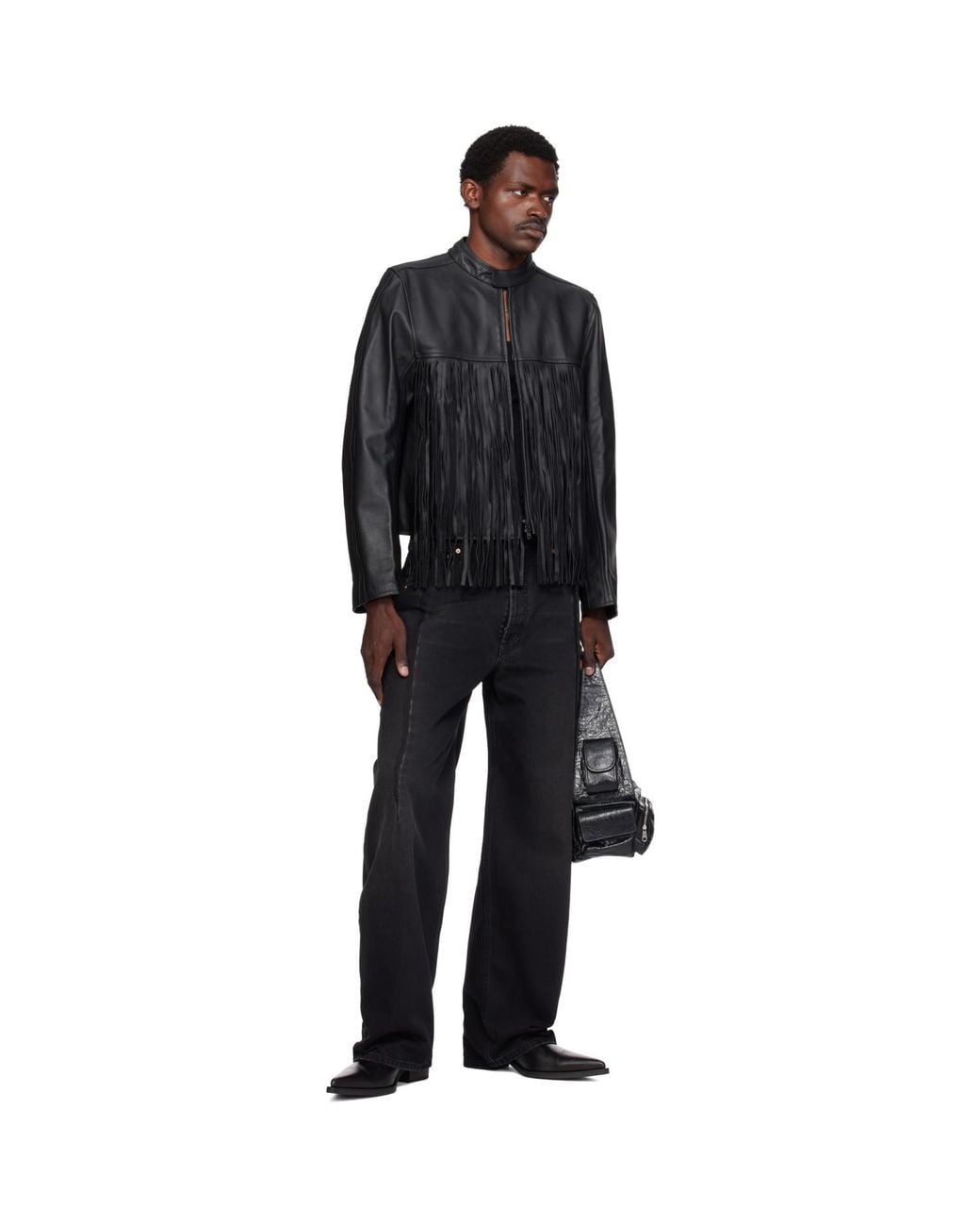 Vetements Black Fringed Boxy Moto Leather Jacket for men