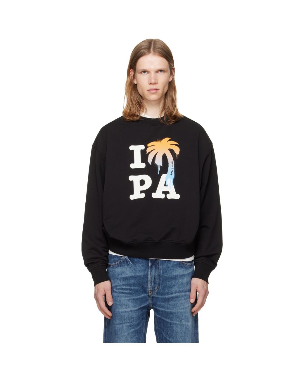Palm Angels Black 'I Love Pa' Regular Crew Sweatshirt for men