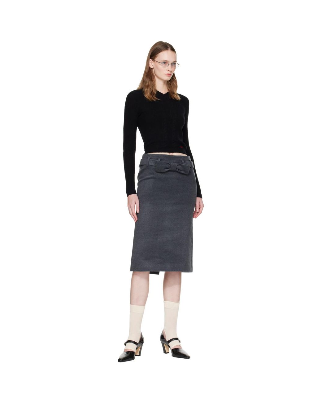ShuShu/Tong Black Bow Trimmed Straight Midi Skirt