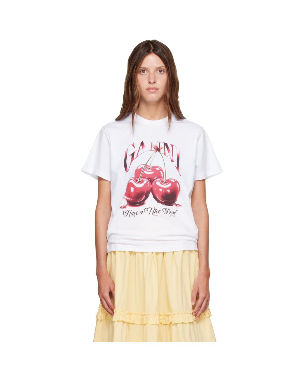 Ganni White Basic Jersey Cherry Relaxed T-Shirt