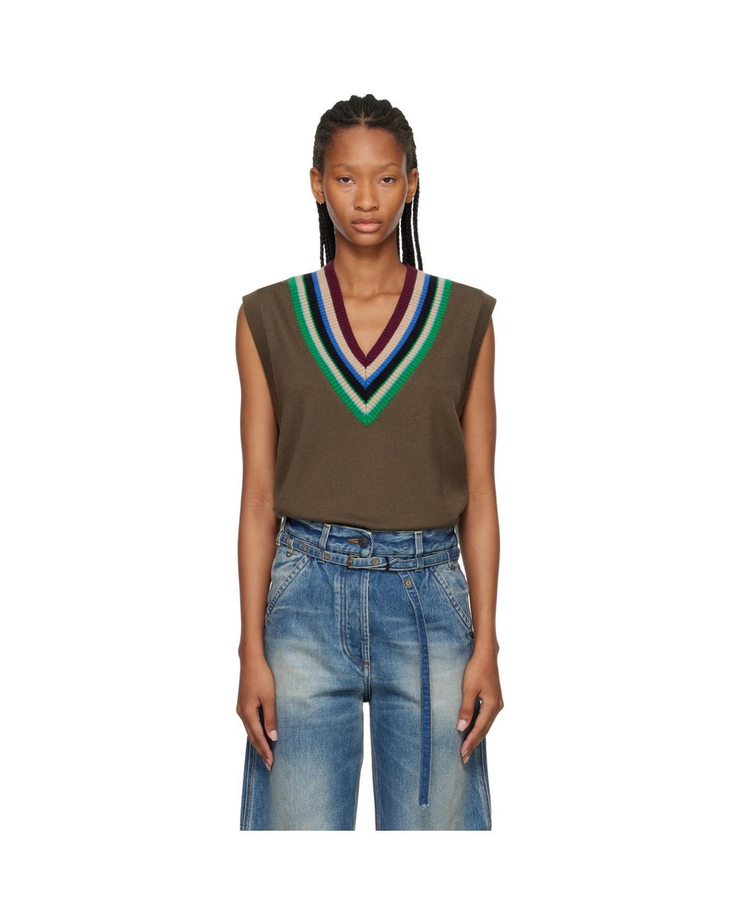 Dries Van Noten Black Khaki V-Neck Wool Vest