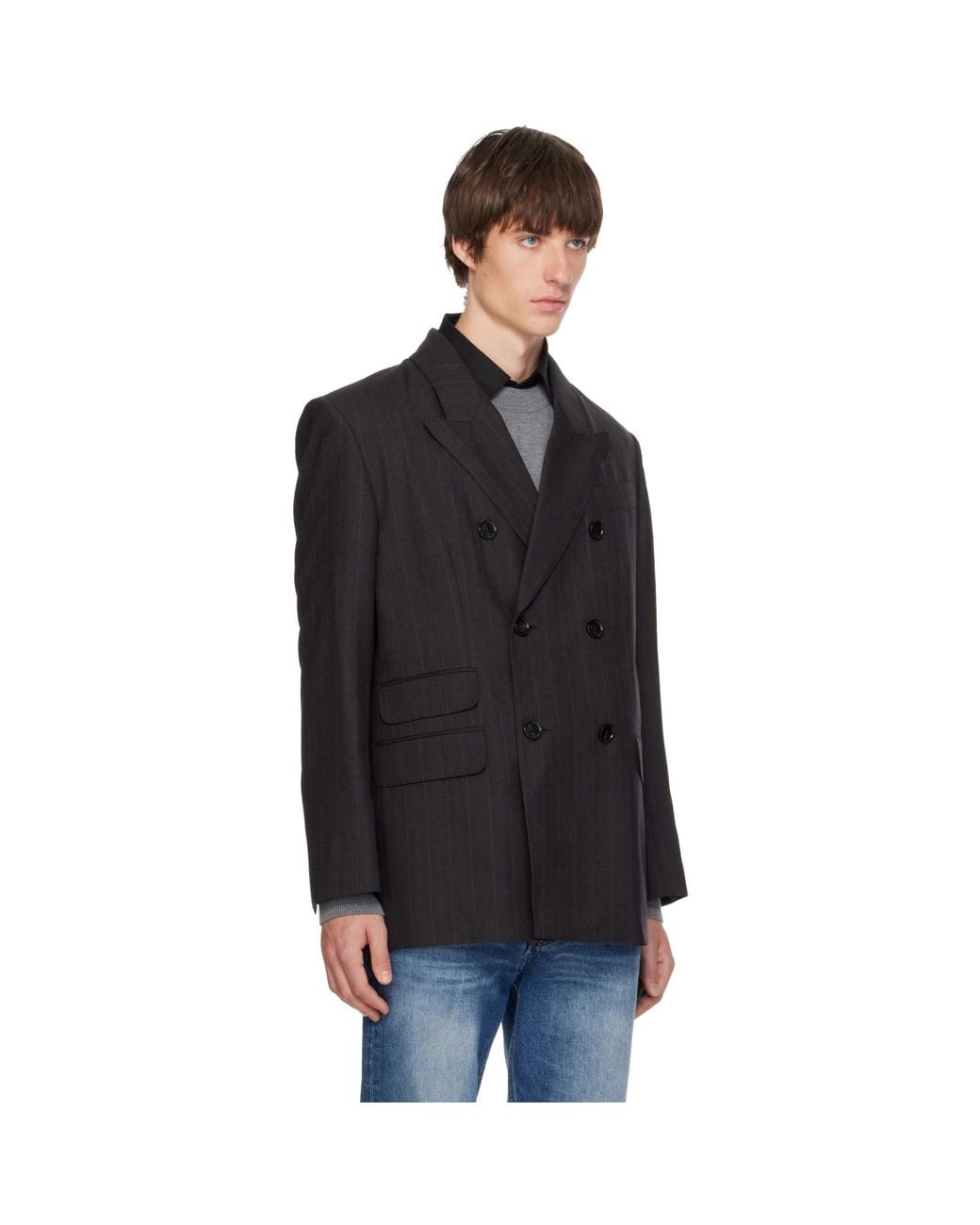 AMI Black Double-Breasted Striped Wool Blazer for men