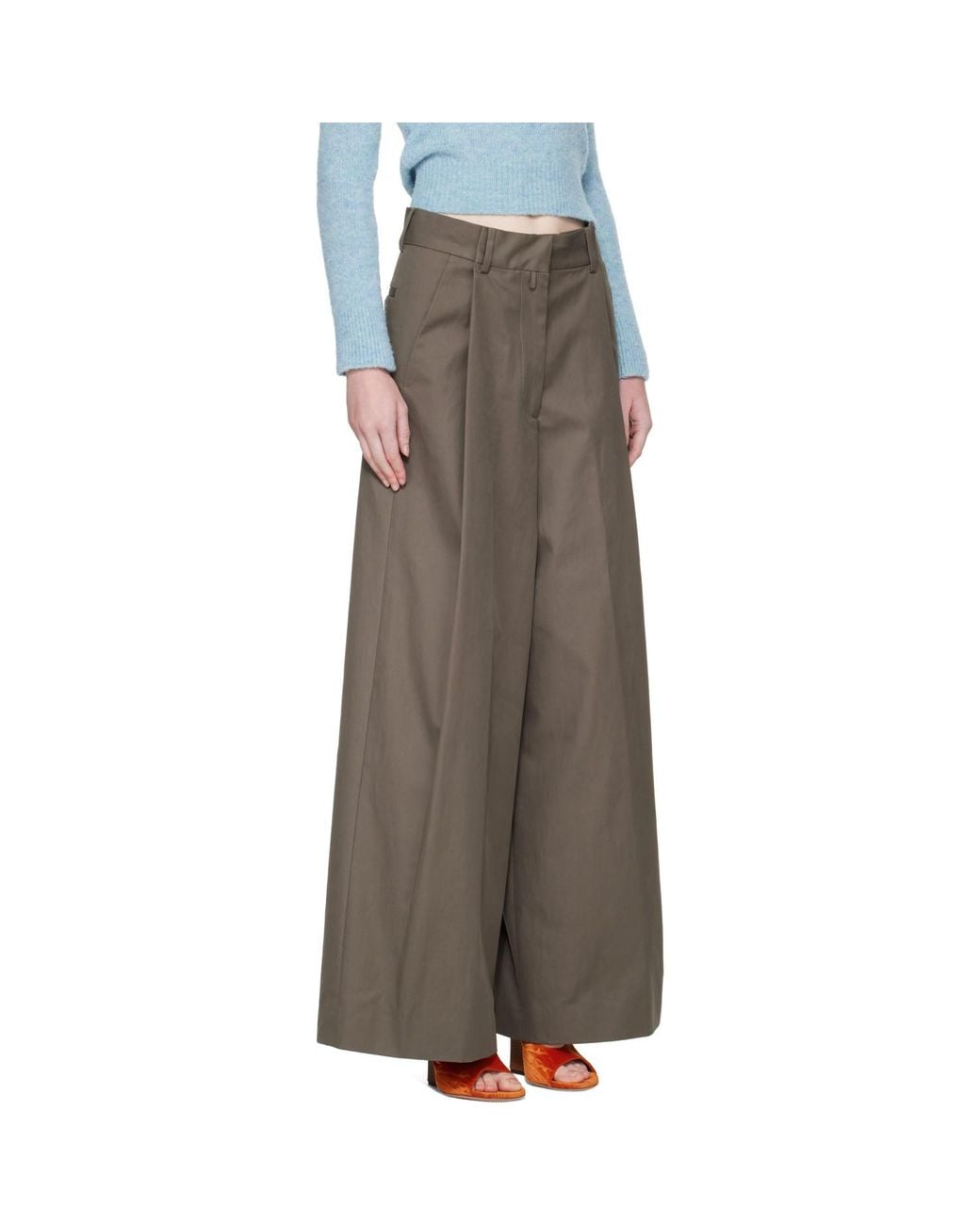 Dries Van Noten Gray Khaki Wide Pleated Cotton Trousers