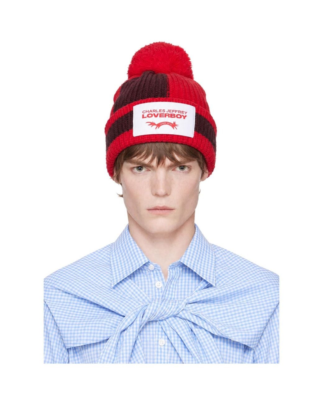 Charles Jeffrey Blue Burgundy Pom Pom Beanie for men