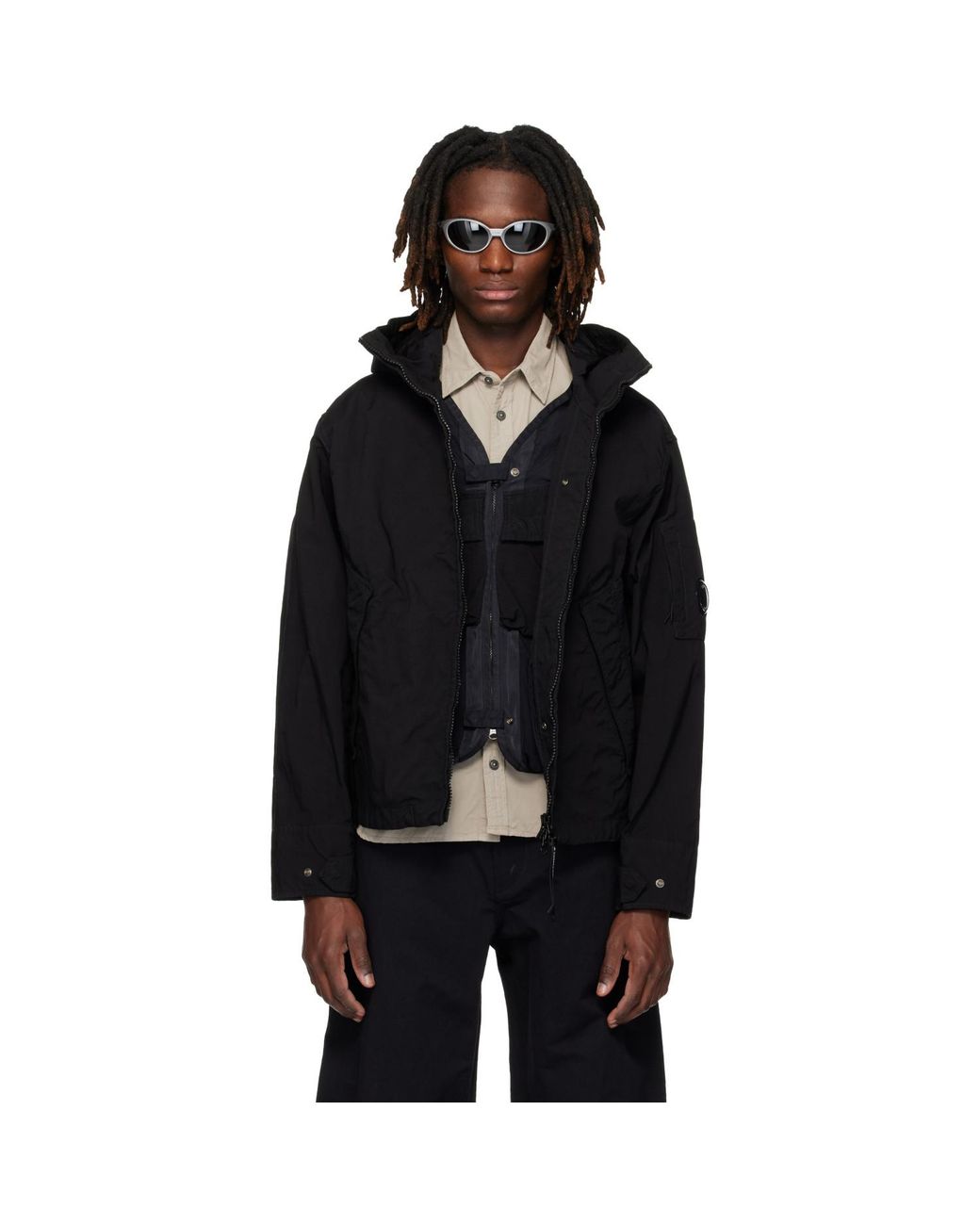 C P Company Black Twill Hooded Lens Jacket for men