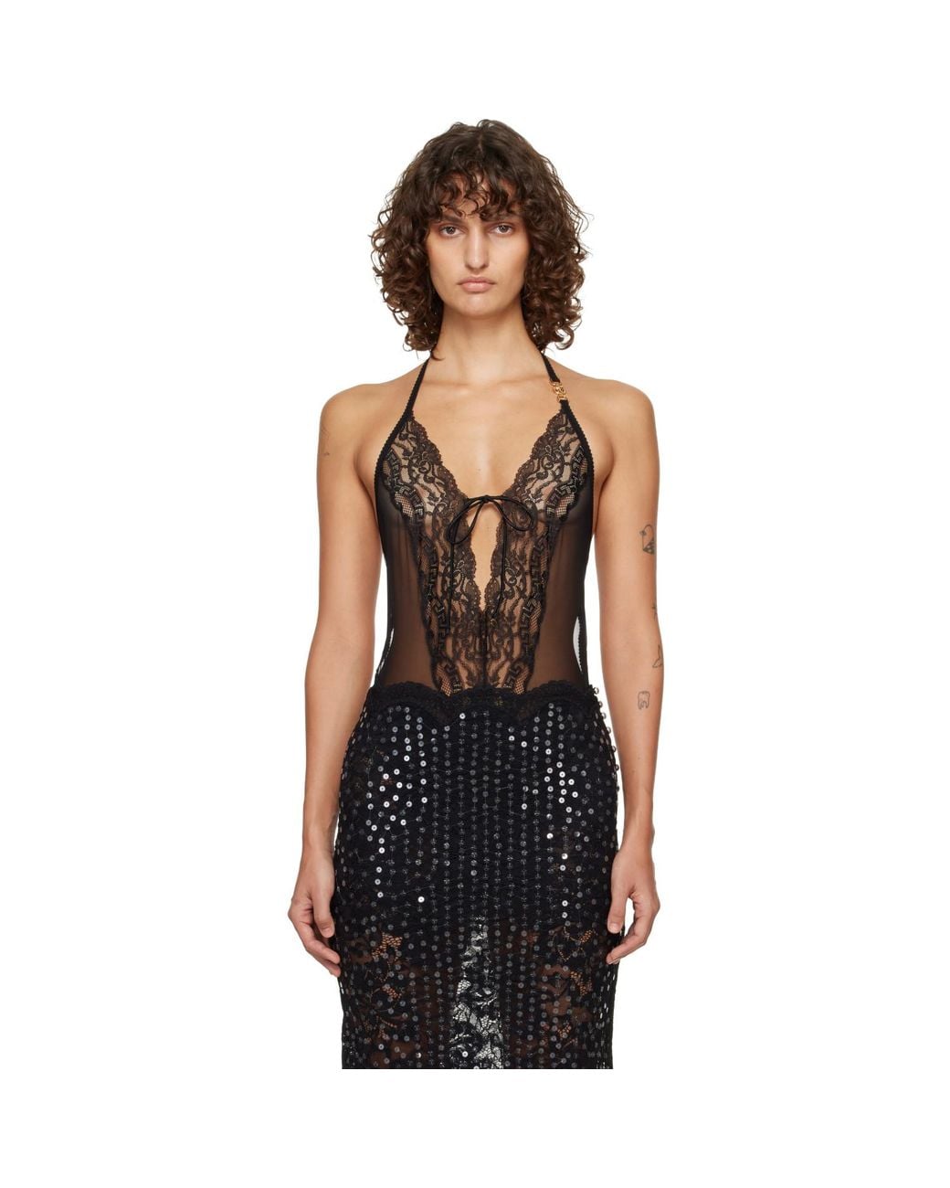 Versace Black Embroidered Lace-Trim Bodysuit
