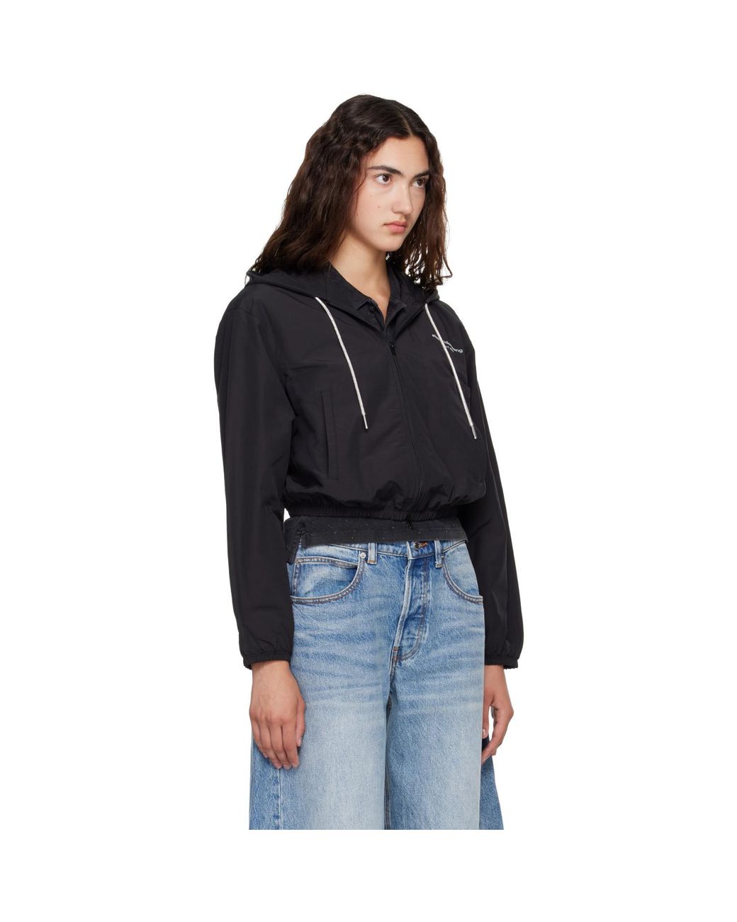 Alexander Wang Black Crystal Hotfix Drawcord Cropped Zip-Up Hoodie