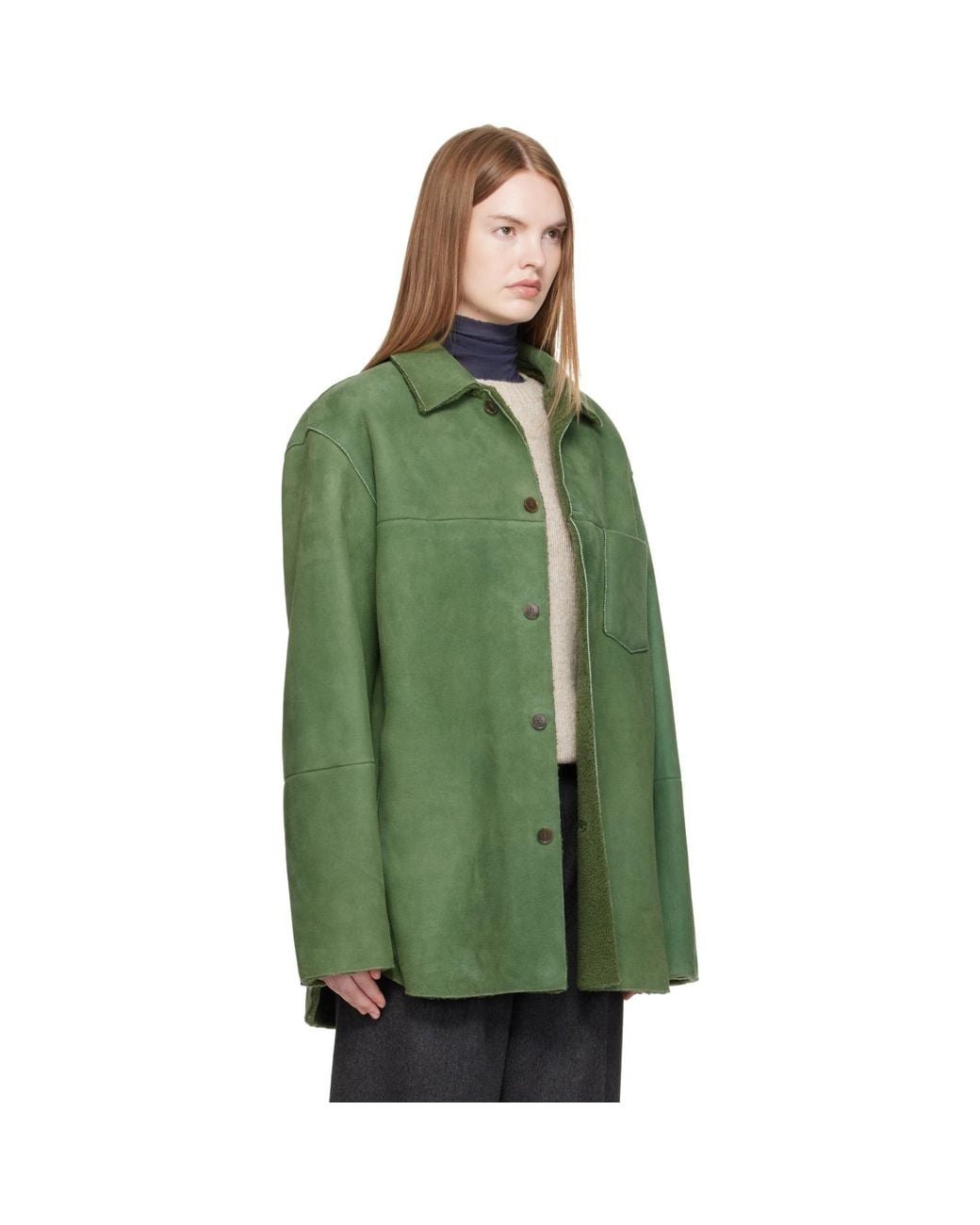 Auralee Green Merino Mouton Shearling Shirt Jacket