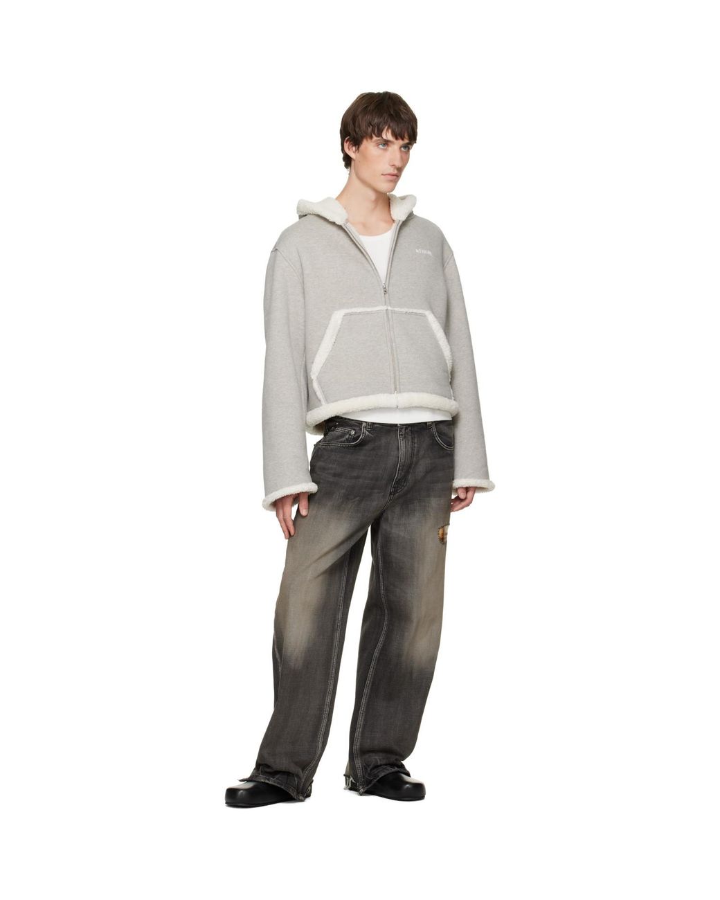 we11done Gray Repaired Check Denim Jeans for men