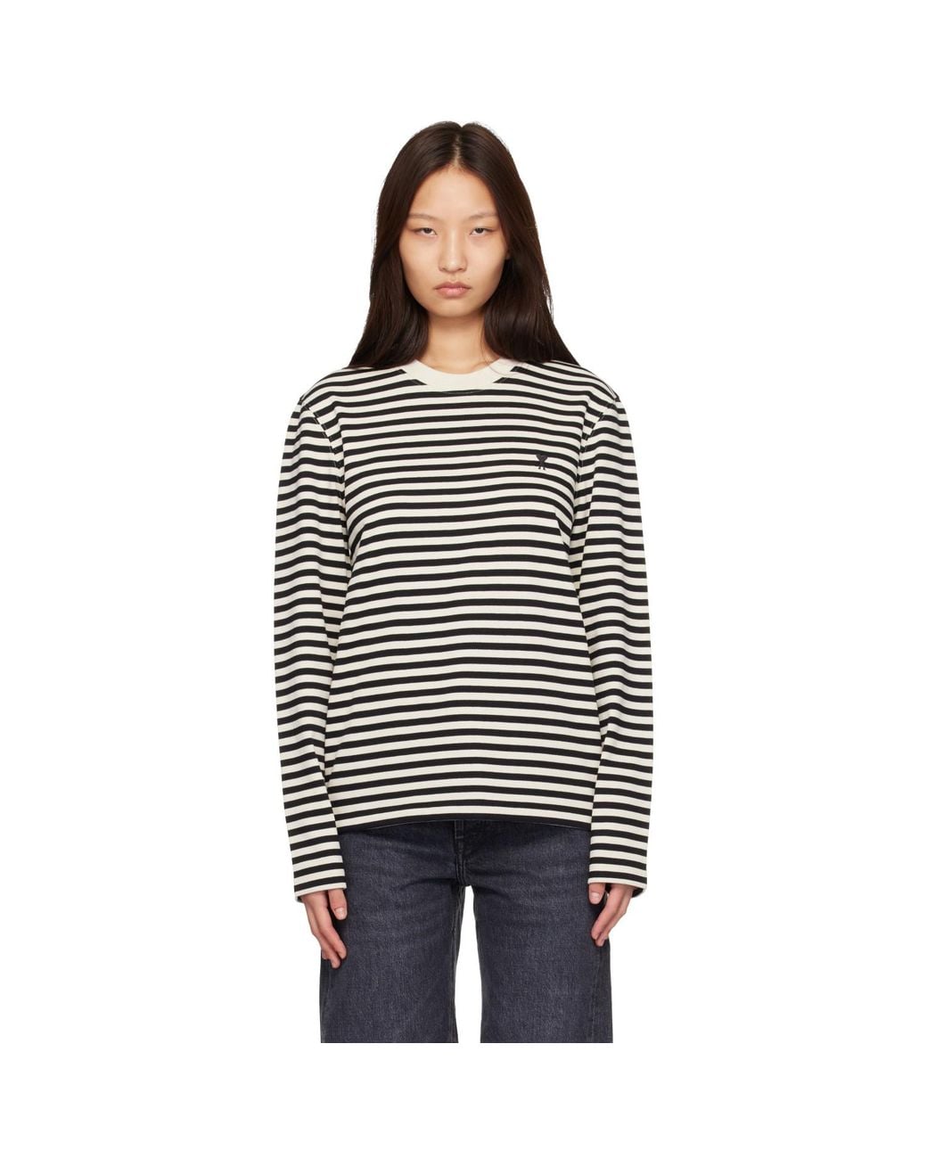 AMI Black Off- Mariniere Cotton Ami De Coeur T-Shirt