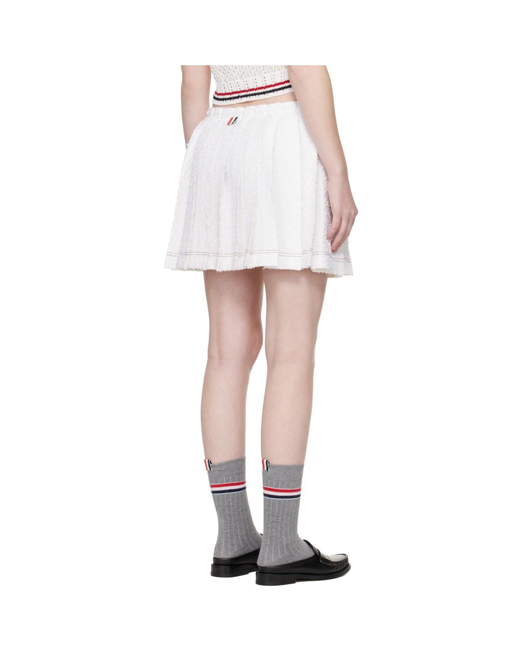 Thom Browne White Eyelash Tweed Drawstring Pleated Miniskirt