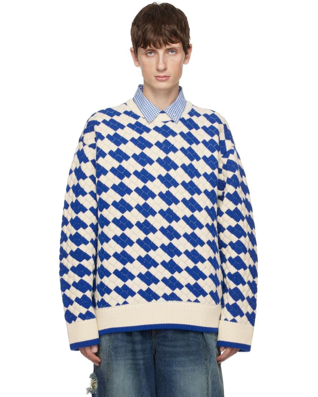【 ADERERROR 】★Tenit sweatshirt Adererror White & Blue Tenit Sweater for Men | Lyst
