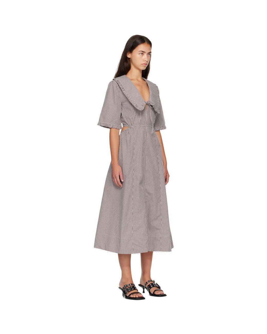 Ganni Brown Check Cotton Cut Out Midi Dress
