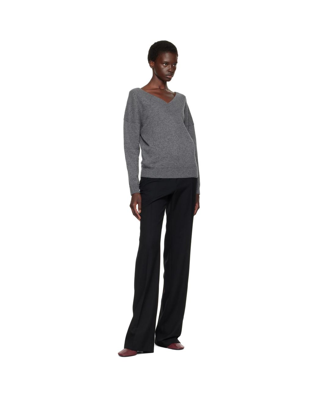 Tom Ford Gray Cashmere Off-The-Shoulder V-Neck Sweater