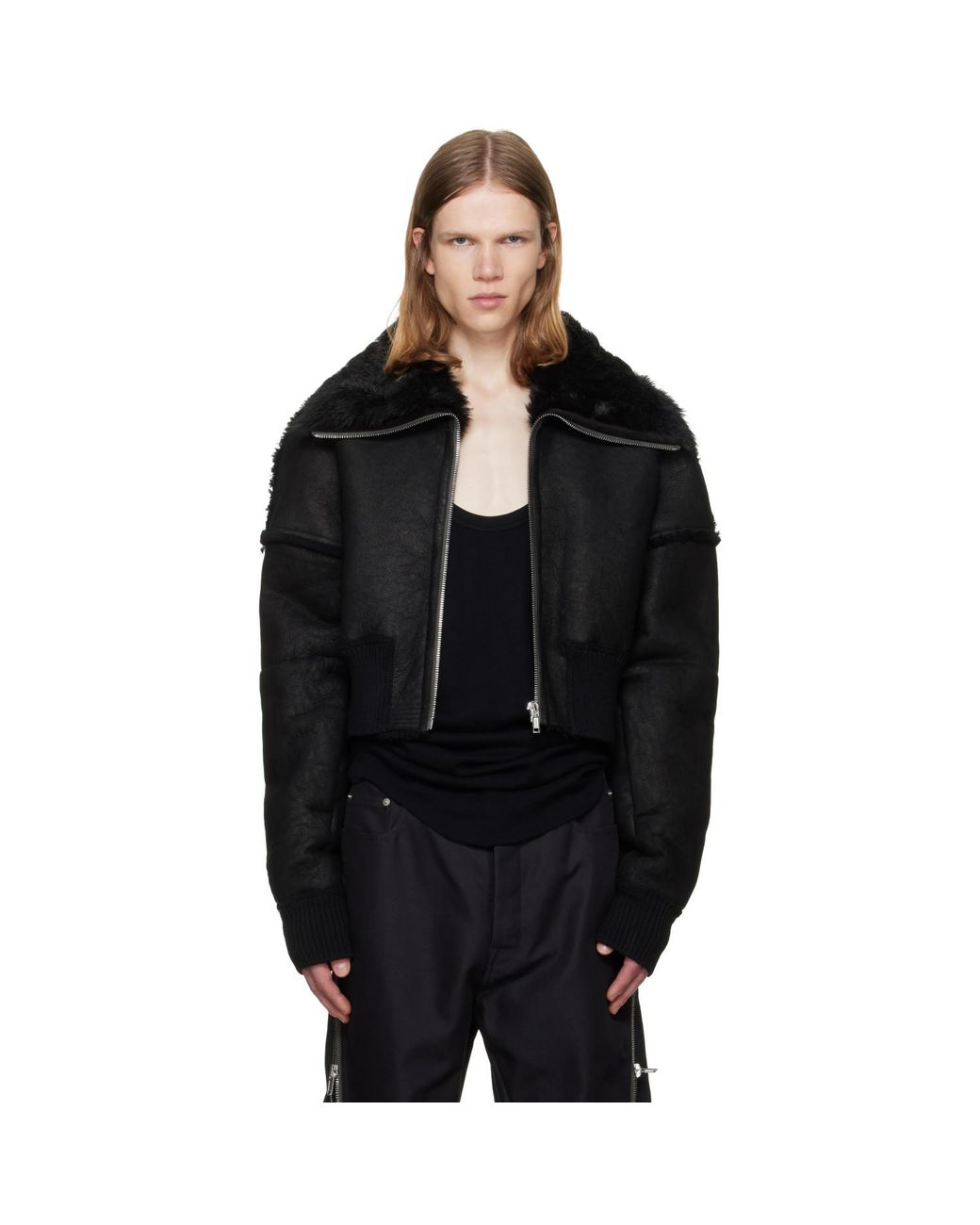 Rick Owens Black Tower Flight Cropped Leather Jacket for men