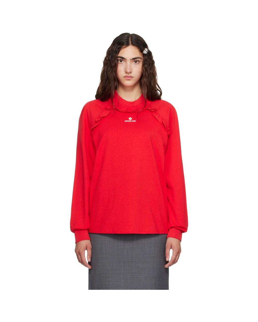 ShuShu/Tong Red Lace Trim Long Sleeve T-Shirt