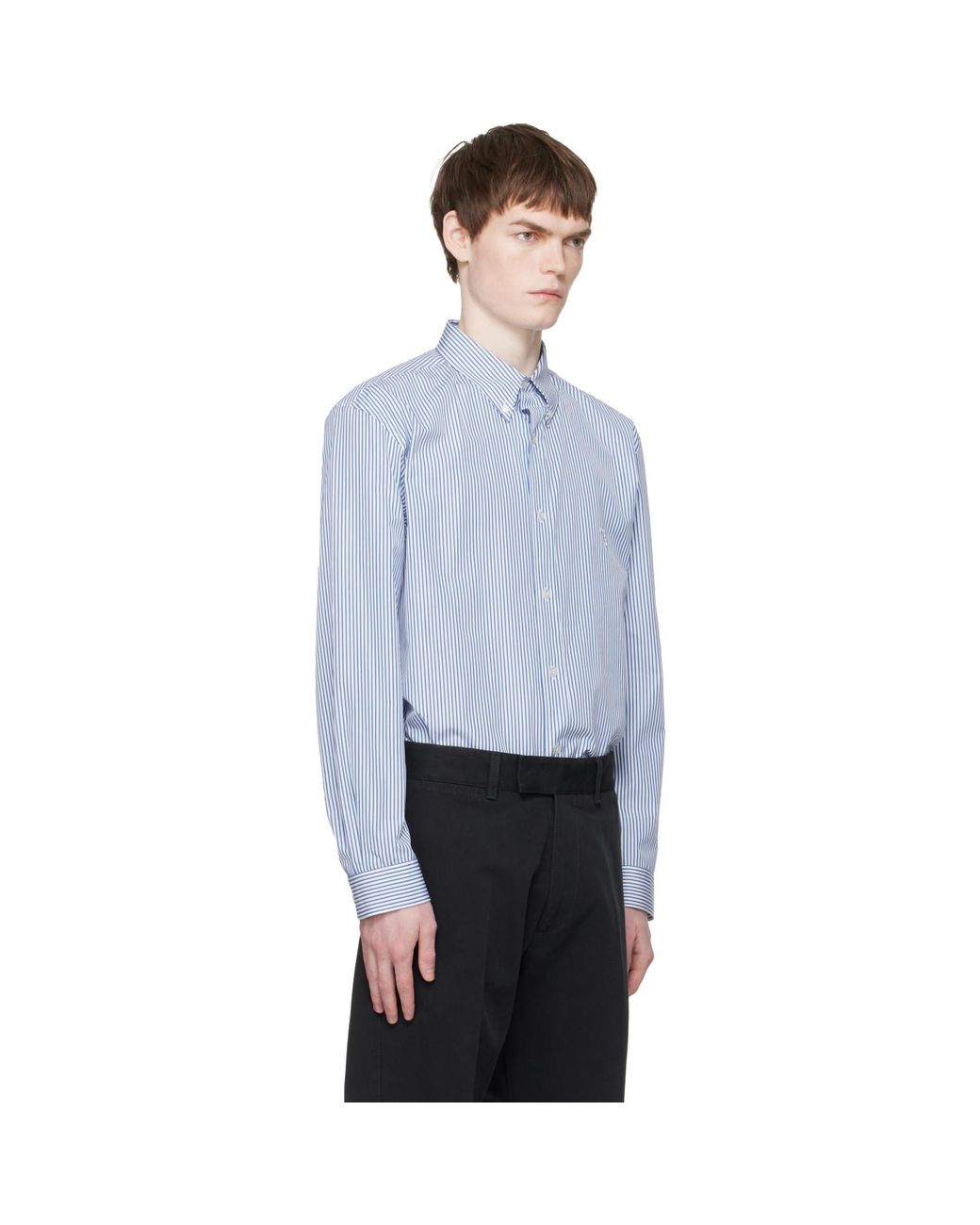 Balmain Gray Embroidered Pinstripe Popeline Regular Shirt for men