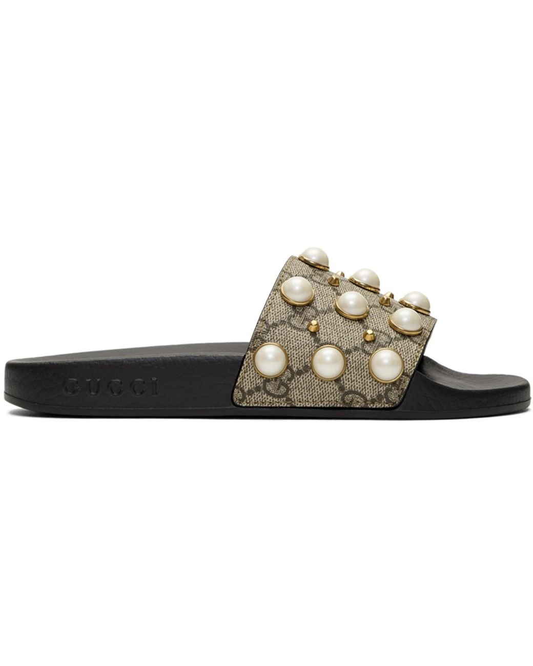 Gucci Black Gg Supreme Pearl Stud Slides | Lyst