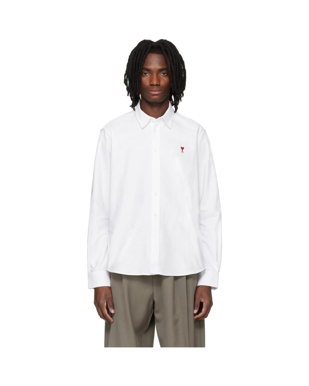 AMI White Classic Long Sleeve Button-Down Collar Embroidered Adc Shirt for men